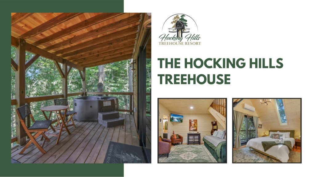 The Hocking Hills Treehouse three images of the interior and exterior of the treehouse