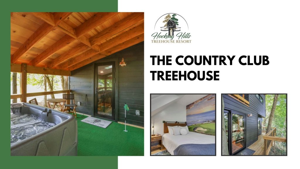 The Country Club Treehouse three images of the interior and exterior of the treehouse