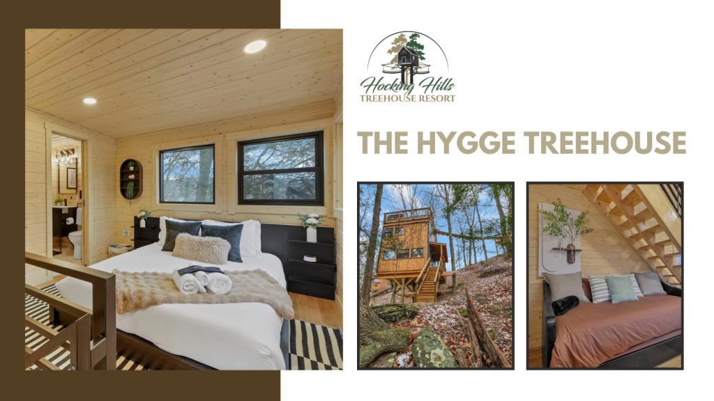 The Hygge Treehouse three images of the interior and exterior of the treehouse