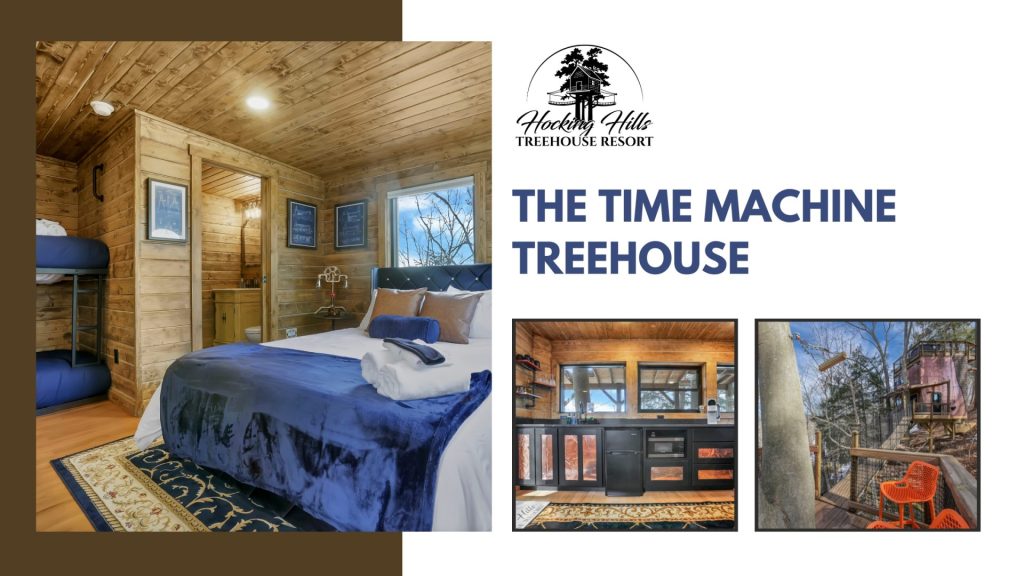 The Time Machine Treehouse three images of the interior and exterior of the treehouse